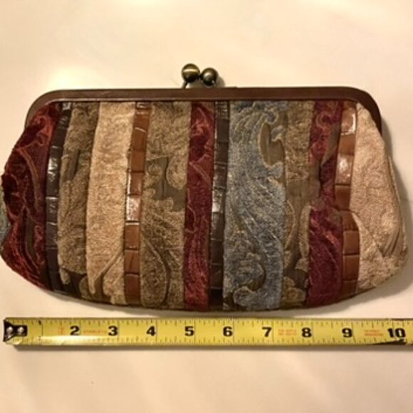 Fossil Boucle Tapestry HandBag Brass Chain Strap Kiss Lock Croc Embossed Trim - Picture 6 of 8